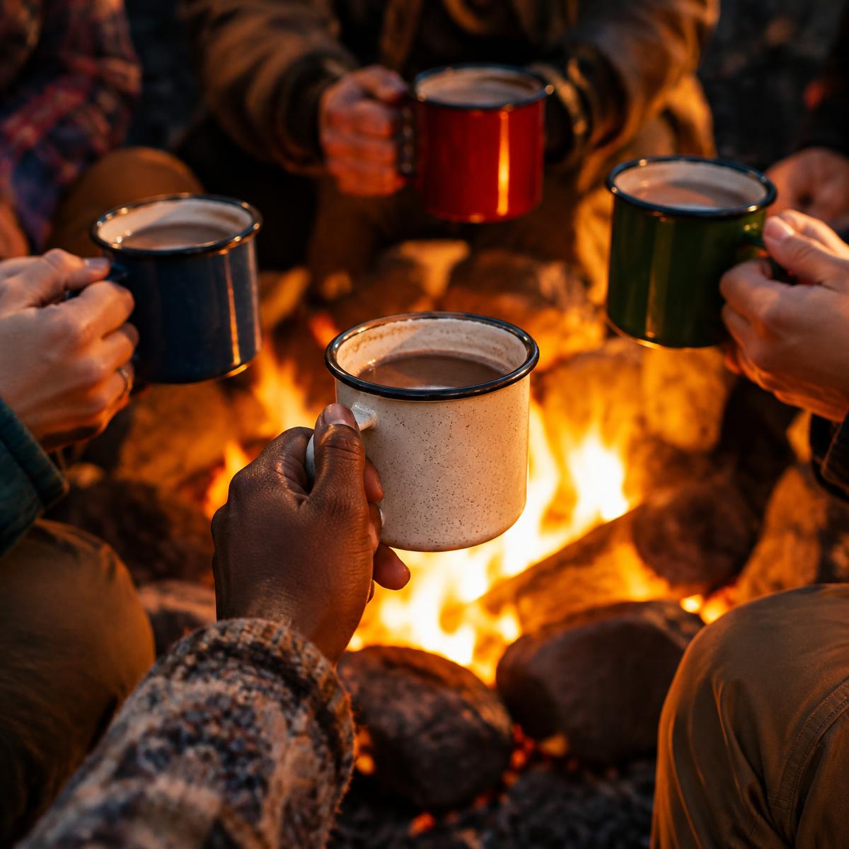 Friends holding mugs around a campfire